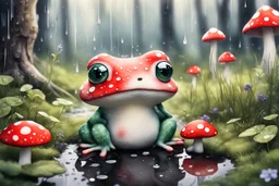 3D close-up of a very cute fluffy plushy chibi plush frog hiding from the rain under a red white spotted mushroom in the forest, puddles in front, grass and violets next to him, 3d effect melting watercolour on wet inked paper, black ink outline in sunshine, ethereal, cinematic postprocessing