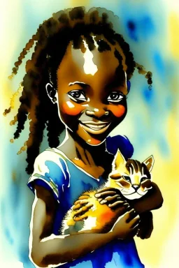 A cute smiling african girl is holding a kitten. Watercolour