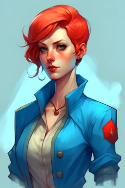 A tall woman with ultra-marinated hair. Short hair, blue eyes. The skin is pale. Dressed in Fontaine's clothes, mostly blue and red shades