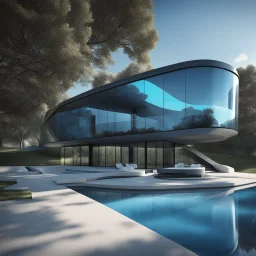 Casa campestre de cristal, estilo Zaha Hadid, ventanas de vidrio azul, Arte digital, calidad ultra, 8k, 3D