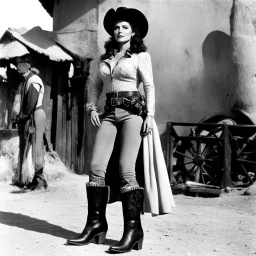 Rosanna schiaffino as a woman pistolero in the western "the man called noon", she stands in her santiag boots