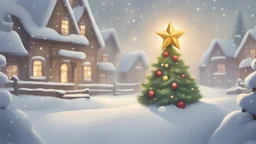 fantasy cartoon style illustration: a golden star on top of the decorated Christmas tree, in the snow