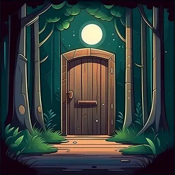 outsite room with wooden door in the middle of a forest at night cartoon