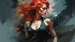 muscular russian woman 28yo with red hair, on a pinup poster : dark mysterious esoteric atmosphere :: digital matt painting with rough paint strokes by Jeremy Mann + Carne Griffiths + Leonid Afremov, black canvas