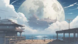 giant half transparent moon, glitchy, blurry, mechanical, sci-fi, maximum quality, centered on frame, far view, seasidel, white sky with cumulonimbus, anime, makoto shinkai style, japanese pier, rusty, decrepit, foggy