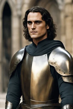 Joaquin Phoenix from year 2000, draped waves haircut, black hair, in medieval setting, in burnished medieval armor