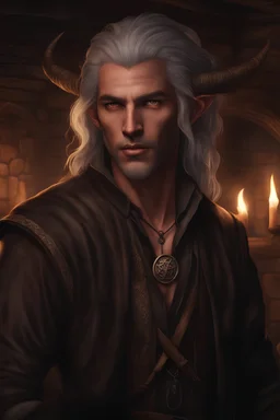 portrait of a young gentle male tiefling, teen, face tattoo, dungeon and dragons, bard, long straight grey hair, warm black eyes, dressed in a ragged bard outfit, standing in a tavern, realistic, dim candle lighting, cinematic lighting, highly detailed face, very high resolution