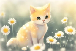 cute chibi daisy cat in sunshine, watercolor and black ink outlines, sparkling golden glitter, ethereal, cinematic postprocessing, bokeh, dof