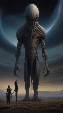 Bosch nightmares paining style Title:the giant alien standing tall , 8k artistic photography, photorealistic concept art, soft natural volumetric cinematic perfect light, chiaroscuro, award-winning photograph, masterpiece, oil on canvas, Raphael, Caravaggio’s, Greg Rutkowski, people, beksinski, Giger