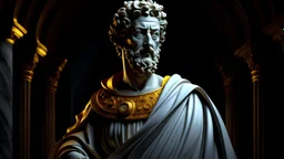 Marcus Aurelius, 4k quality, vivid, existential facial expression, art, vivid, intricate, war, painting,[greek god model in flesh] ,With an ethereal beauty and serene demeanor, he exudes divine inspiration. His flowing robes and elegant posture reflect his grace and creativity.