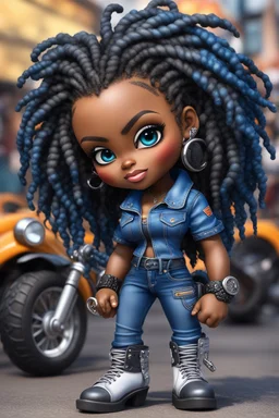 create an airbrush illustration of a chibi cartoon voluptuous black female wearing a blue jean outfit with biker boots. Prominent make up with hazel eyes. Extremely highly detail of a twisted dreadlocks. Background of a bike show.