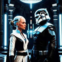 a bold and heroic bald male Corellian pilot in black and metallic grey First Order special forces gear meets a female Jedi Master in ancient, mystical temple, hyperdetailed, dynamic lighting, hyperdetailed background, 8k resolution, volumetric lighting, light skin, fully symmetric details