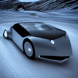 futuristic car, realistic, high details, with black windows, metal shine, cinematic, driving in the arctic