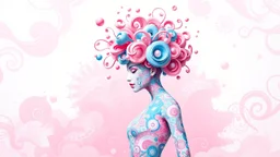 A digital artwork of a female figure adorned with intricate patterns and designs. The figure's body is covered in swirling lines, circles, and other abstract patterns in hues of pink, blue, and white. Her head is uniquely decorated with a bouquet of spiraling, bubble-like structures in shades of pink and blue. The background is a gradient of pink and blue, with abstract patterns that complement the figure's design. The overall ambiance of the image is dreamy and surreal.
