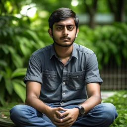 an 24 year old indian man, oval face, light skin, wearing shirt and jeans, sitting in a garden, peaceful, front face portrait, short hair, slightly muscular built, handsome