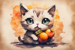 double exposure, merged layers, painted and burned burlap, cute chibi anime cat eating fruit, melting watercolor and black ink outlines on wet paper, soft, shading strokes, in sunshine, ethereal, otherwordly, cinematic postprocessing, bokeh, dof