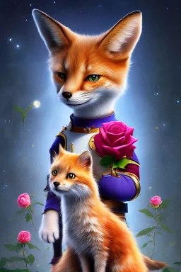 Der kleine Prinz als Katze mit Rose in der Pfote, kleiner Fuchs sitzt daneben