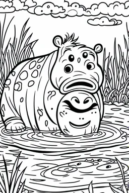 DRAW TO COLORING OF A HIPPOPOTAMUS ON A LAKE, BLACK AND WHITE CARTOON STYLE, LOW DETAILS, THICK LINES, NO SHADING LINES