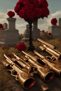 two golden guns above a grave in a field full of red roses.cinematic