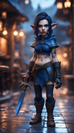 full figure with metallic stone gauntlets holding dark blue jagged dagger, standing on wet tiled floor outside fantasy tavern, focused female brownie vampire gnome from worms armageddon wearing makeup, bokeh like f/0.8, tilt-shift lens 8k, high detail, smooth render, down-light, unreal engine, prize winning