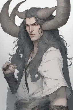 A dnd character portrait, a tiefling man with long hair and two long black horns that curve backwards, white eyes and pale skin. Handsome. Young.