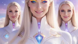 cosmic woman ,beautiful ufos rainbow, admiral from the future, galactic confédération, fine whole face, crystalline skin, expressive purple eyes,rainbow, smiling lips, very nice smile, costume pleiadian, Beautiful tall woman pleiadian Galactic commander, ship, perfect datailed golden galactic suit, high rank, long blond hair, hand whit five perfect detailed finger, amazing big puple eyes, mouth, high définition lips, cosmic happiness, bright colors