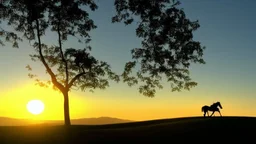 Silhouette of a lone horseback rider on the green hill at sunrise