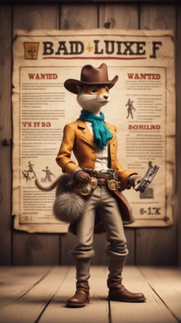 wanted poster on wooden wall depicting a handsome bad ass cowboy Lucky Luke squirrel ninja juggling pistols ,bokeh like f/0.8, tilt-shift lens 8k, high detail, smooth render, down-light, unreal engine, prize winning