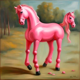 Big pink plastic toy horse.19th painting