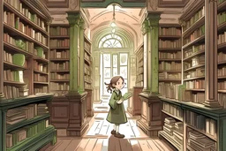 An illustration of Lily entering the old bookstore,