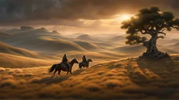 An endless steppe. hills to the right. The hills is densely covered in ancient white oaks. a distant band of riders and wagons. fantasy concept art, exquisite realism, a masterpiece, dynamic lighting, hyperdetailed, intricately detailed, deep color, Unreal Engine, volumetric lighting , Epic cinematic brilliant stunning intricate meticulously detailed dramatic atmospheric maximal,