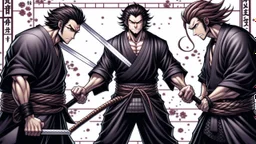 yujiro hanma vs yoriichi tsugukuni, baki vs kimetsu no yaiba, two mans standing in front of each other, a big strong man in black shirt with red hair and evil grin in martial art's stance with bare fists facing a smaller feminine swordsman with long hair and calm face reaching for his sword in traditional japanese clothes both preparing to fight each other