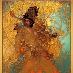 Tarot card, gold paper, Nigerian goddess full body portrait, insanely detailed orange and teal mandelbulb mandelbrot fractal filigree selfie shot portrait by Alphonse Mucha, Greg Rutkowski, Artgerm, WLOP, Moebius, macro lens 3D shading 3Delight 3ds Max LightWave 3D Mandelbulber3d Unreal Engine 5 volumetric lighting dynamic lighting heavenly sunshine beams divine bright 8k resolution concept art Splash art trending on Artstation triadic colors