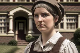 ww1 maid talking close-up standing up looking to the camera, ww1 mansion quarters background