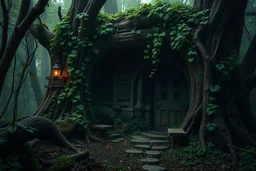 Old wood hideout, vines, magical, dark old forest, mist, dungeons dragons