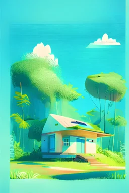 a smal and minimalist home in green plain with woody borders with blue sky and near to jungle with sunny weather and happy picture and be real