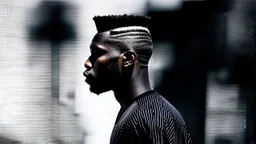 minimal profile shot of an African cyberpunk individual with a striking mohawk hairstyle and intricate shaved patterns on the side of their head, wearing a black and white horizontal thin striped shirt. The background is a blurred, high-contrast mix of black and white lines, suggesting motion and urban settings; overheat, dramatic, cinematic, sudden jolt dynamics, great parallels, great reflections, unsettling shadows, surreal futurist architecture art, surreal liminal space, tribal style, triba