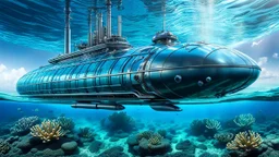 An unique futuristic glass and metal submarine in the ocean, with large of water surrounding it. The submarine bottom positioned in the center of the frame, providing a unique perspective on this streamlined high-techstructure and interior equipment underwater, high detalied, sharp focus, best shot, sci-fi mood