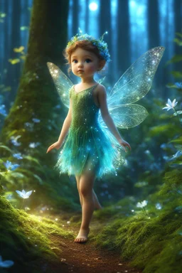 Beauty little Fairy, walk in sparkless light magic forest,sparkles, blue, brown, green, clear lines, detail, fine rendering, high resolution, 4K, photorealism, precise focus, double exposure, fantasy epic funny ccute pixar 3d