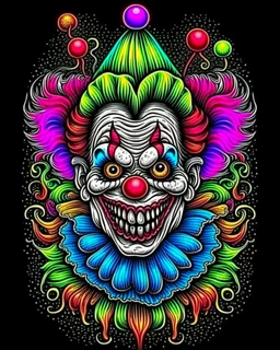 Colorful Scary Clown tattoo design, traditional tattoo style, t-shirt design, fantasy art, digital painting, clean dark background, 8K