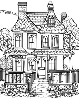 outline art for halloween coloring pages for kids with haunted house , white background, Sketch style, full body, only use outline, clean line art, white background, no shadows and clear and well outlined, coloring page for kids,