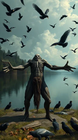 Bosch painting style nightmare , 3D , standing with open arms creature by the lake from distant view surrounded by black birds, high Quality picture , 8k