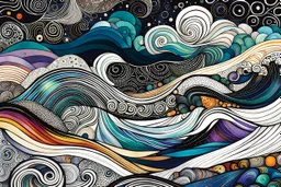 random color Zentangle patterns in the styles of Gustav Klimt ,Wassily Kandinsky, Paul Klee, and Kay Nielsen that depict a turbulent storm tossed sea