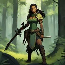 (in the forest) Vex'na is about six feet tall, with shoulders broad enough to suggest she could wield that axe with ease. Her teeth are yellow, her skin bears the mottled green-brown pattern typical of her heritage, but the way she carries herself marks her as someone who has survived to more dangers than most half-orcs manage at ther age in this unforgiving world. There are scars across her arms and neck, white against the darker skin, each one telling a story of battles survived. Her eyes, whe