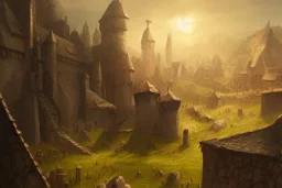 a rough medieval settlement, iron ,iron, iron, fantasy, d&d, concept art, sharp focus, trending on artstation, digital painting, midday, sunny, beautiful