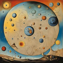 In the artistic style of Salvador Dali, enhanced surrealism, solar system model, by Dali and Joan Miro, dissolving textures, expansive, oil on canvas, weirdcore