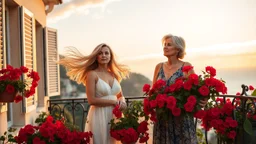 Young blonde woman and mature brunette woman on Mediterranean balcony, flowing summer dresses, hair waving in the breeze, flower pots overflowing with red geraniums and bougainvillea, antique wrought iron railing, dreamy expressions looking at the horizon, golden sunset light, serene and nostalgic atmosphere, artistic photography style