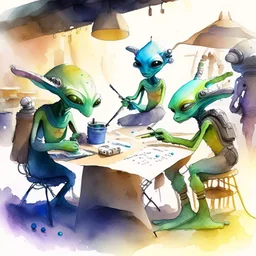 create a watercolour painting of some aliens bazar and aliens doing daily task work,