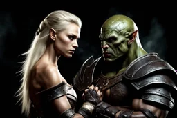 brutish and muscular male orc warrior with pretty blond human princess. dark fantasy. photorealistc