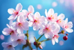 fantastic light pin blue background with four bunches of cherry blossoms, blossoms only, blur background